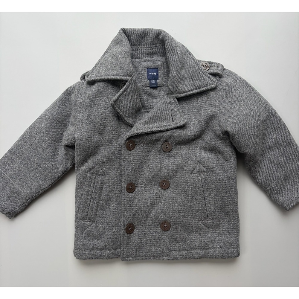 BabyGap Toddler Boys Gray Wool Blend Pea Coat Plaid Lined Jacket 4 Years - Picture 2 of 6